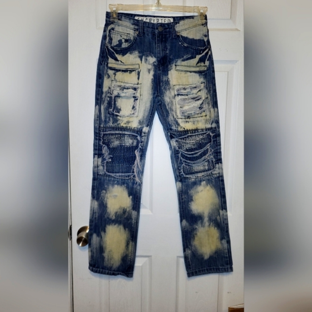 Encrypted Distressed Grungy Blue Jeans for Boys Size 16 Y2k - Picture 1 of 5